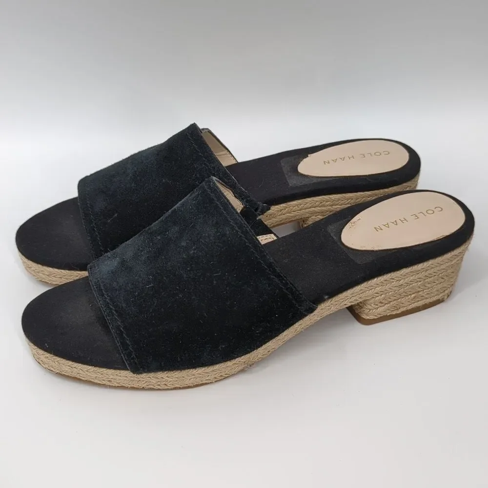 Cole Haan Giselle Espadrille Slide Sandals Black Suede Upper Woven High Heels 8B